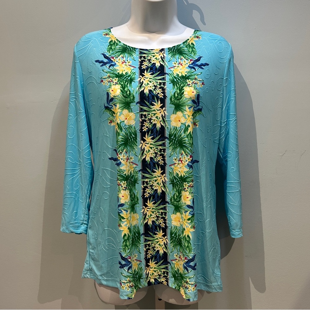 JM Collection Seafoam Blue Floral Top Medium NWT
